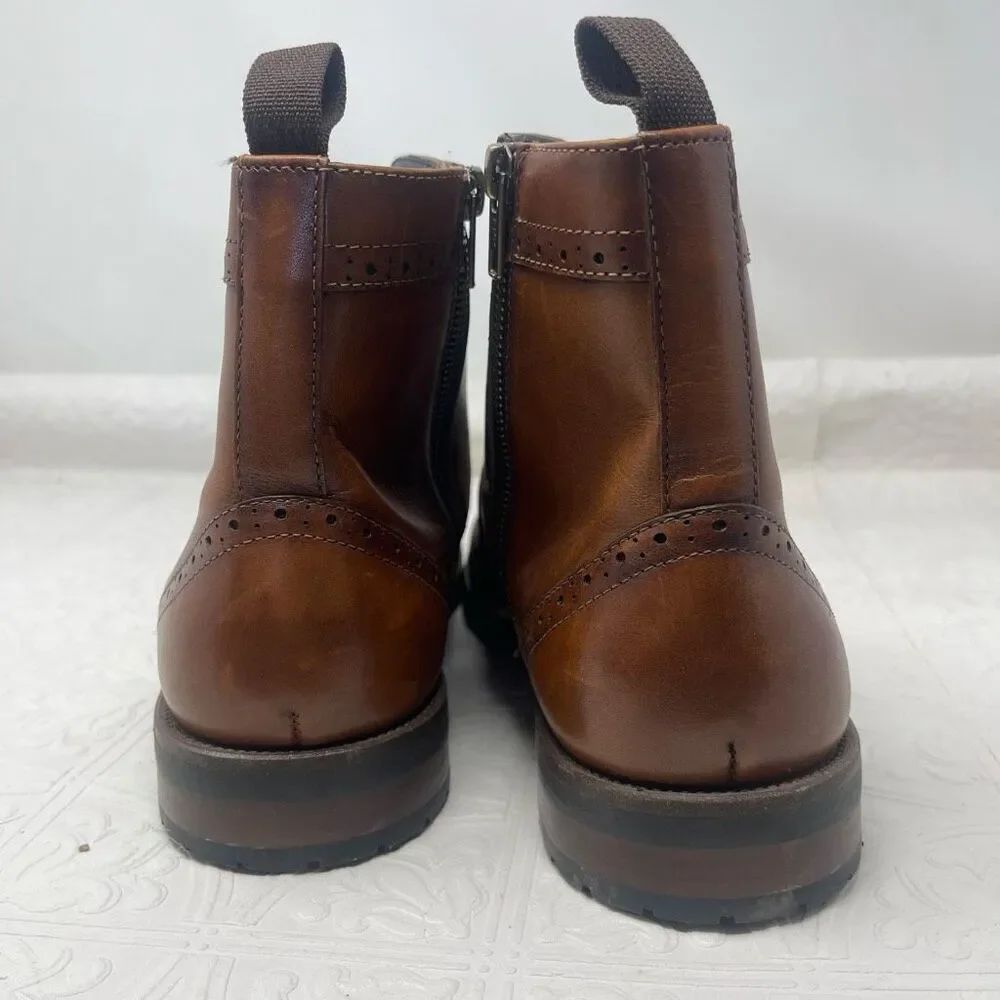 Steve Madden Brown Cognac Leather Lace Up Zip Wingtip Brogue Ankle Boots Size 11